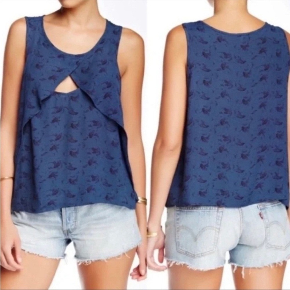 Free People Tank Top Small Blue Floral Sleeveless Cutout Layered Casual Blouse